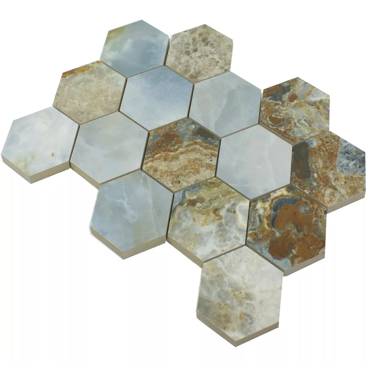 Mosaico Cerámico Azulejos Naftalin Hexagonales Marrón Azul