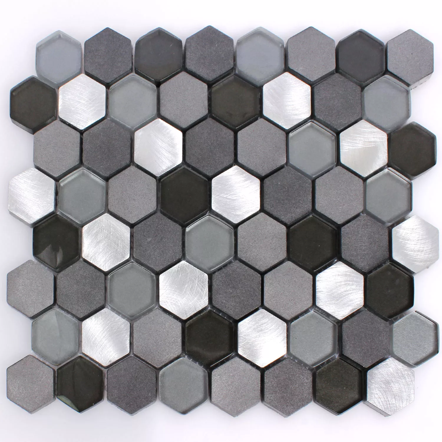 Muestra Azulejos De Mosaico Cristal Alu Angela Hexagonales Negro Plateado