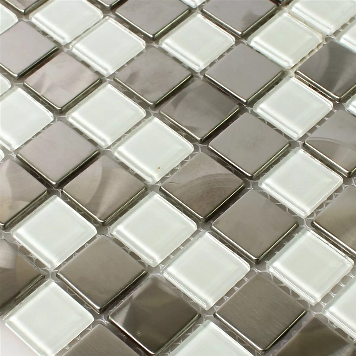 Muestra Azulejos De Mosaico Acero Inoxidable Cristal Blanco Plateado Mezcla