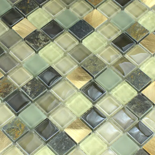 Muestra Azulejos De Mosaico Cristal Acero Inoxidable Metal Cuarcita