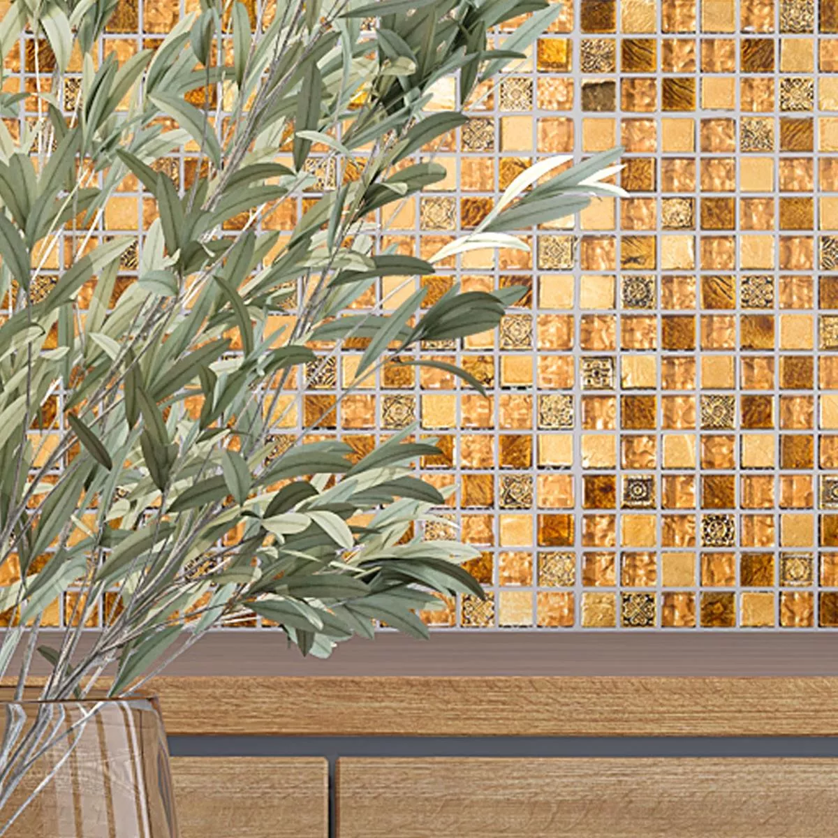 Muestra Cristal Mármol Azulejos De Mosaico Majestic Beige Oro