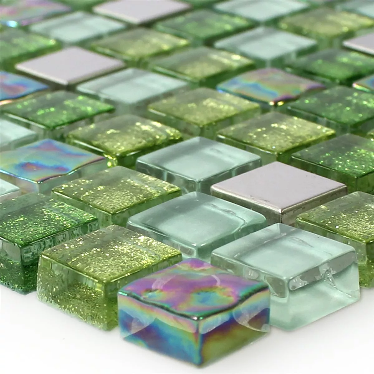 Muestra Azulejos De Mosaico Cristal Acero Inoxidable Verde Mezcla