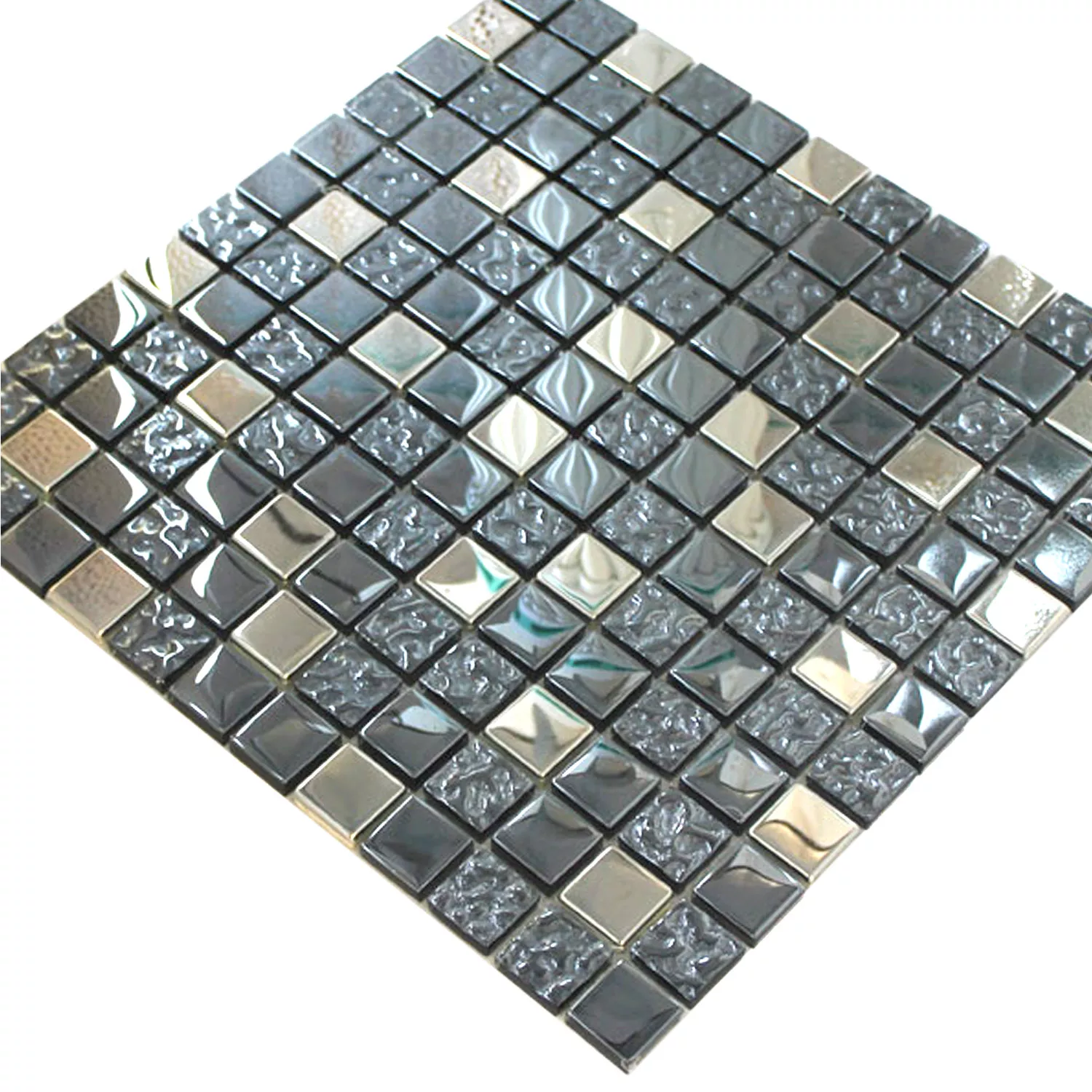 Muestra Azulejos De Mosaico Cristal Metal Mezcla Whitney Plateado Negro 