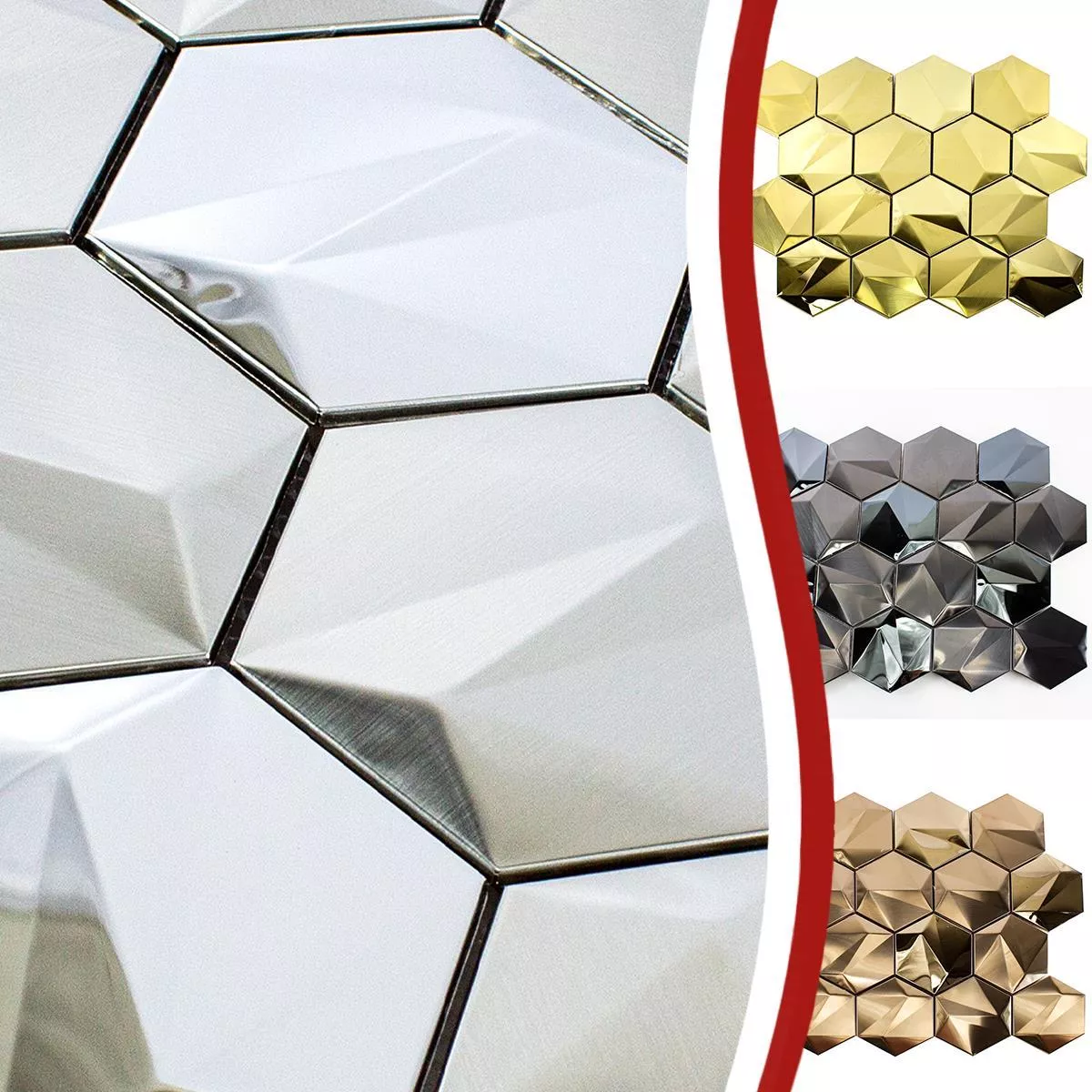 Muestra Acero Inoxidable Azulejos De Mosaico Durango Hexagonales 3D