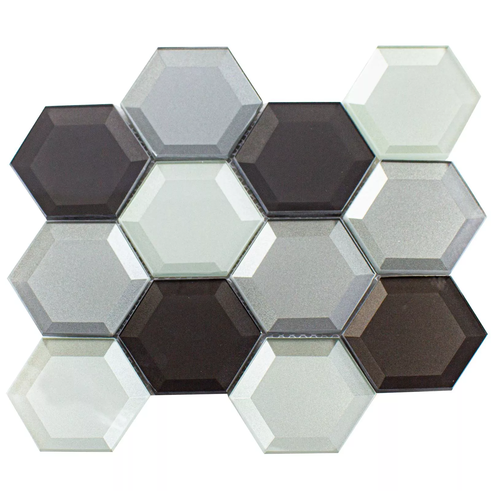 Muestra Mosaico de Cristal Melfort Hexagonales Marrón Plateado Turquesa