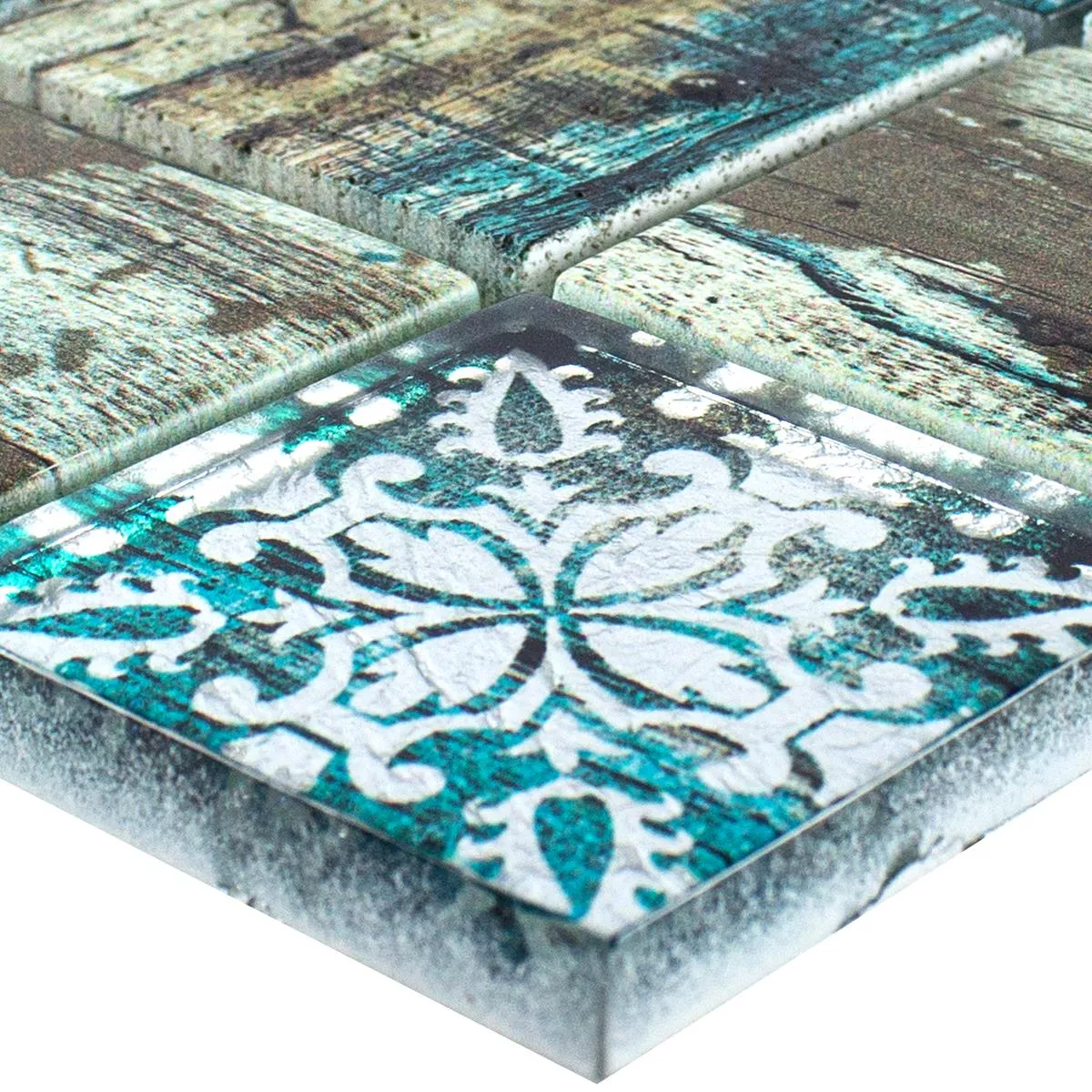 Muestra Mosaico de Cristal Azulejos Aspecto de Madera Howland Beige Verde Q48