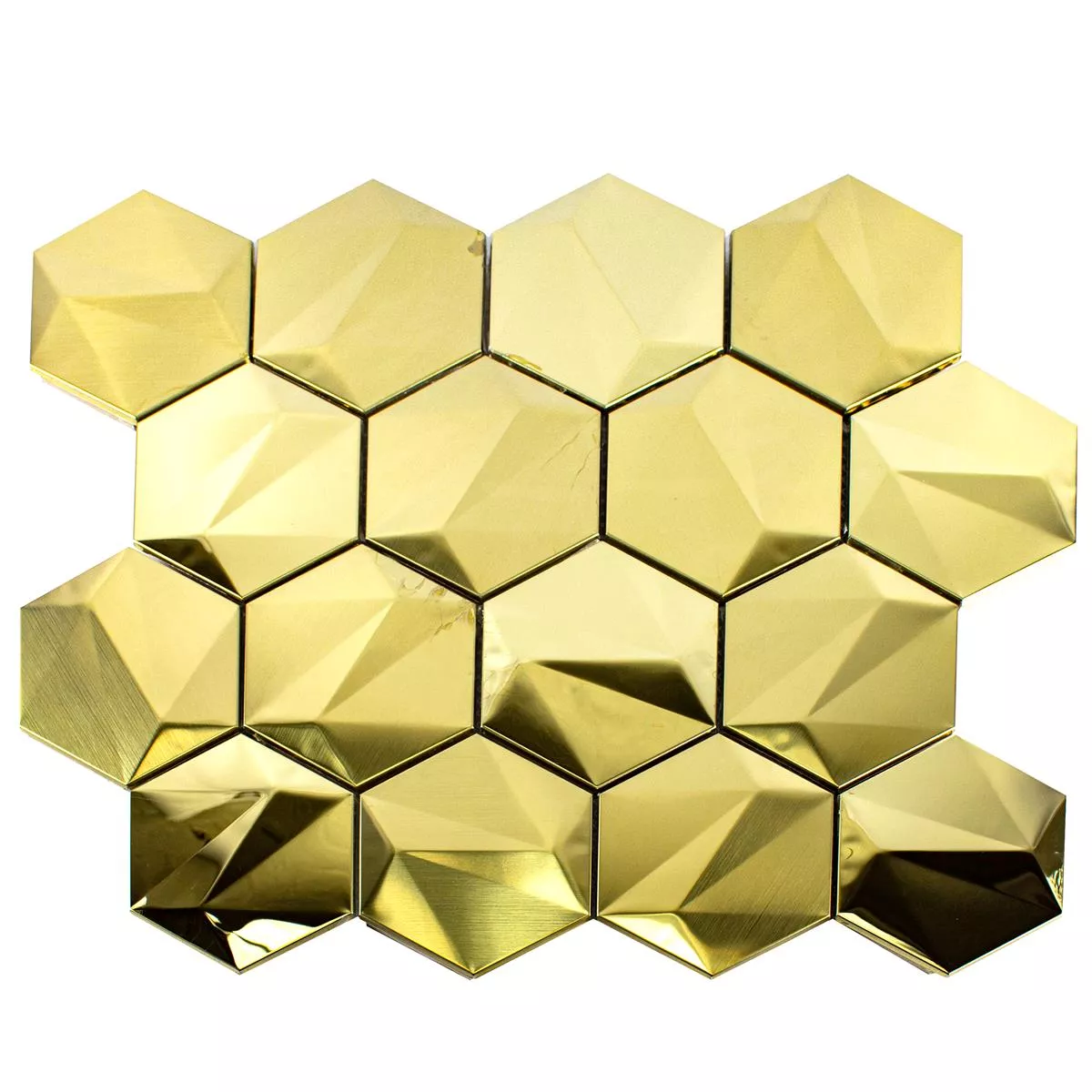 Muestra Acero Inoxidable Azulejos De Mosaico Durango Hexagonales 3D Oro