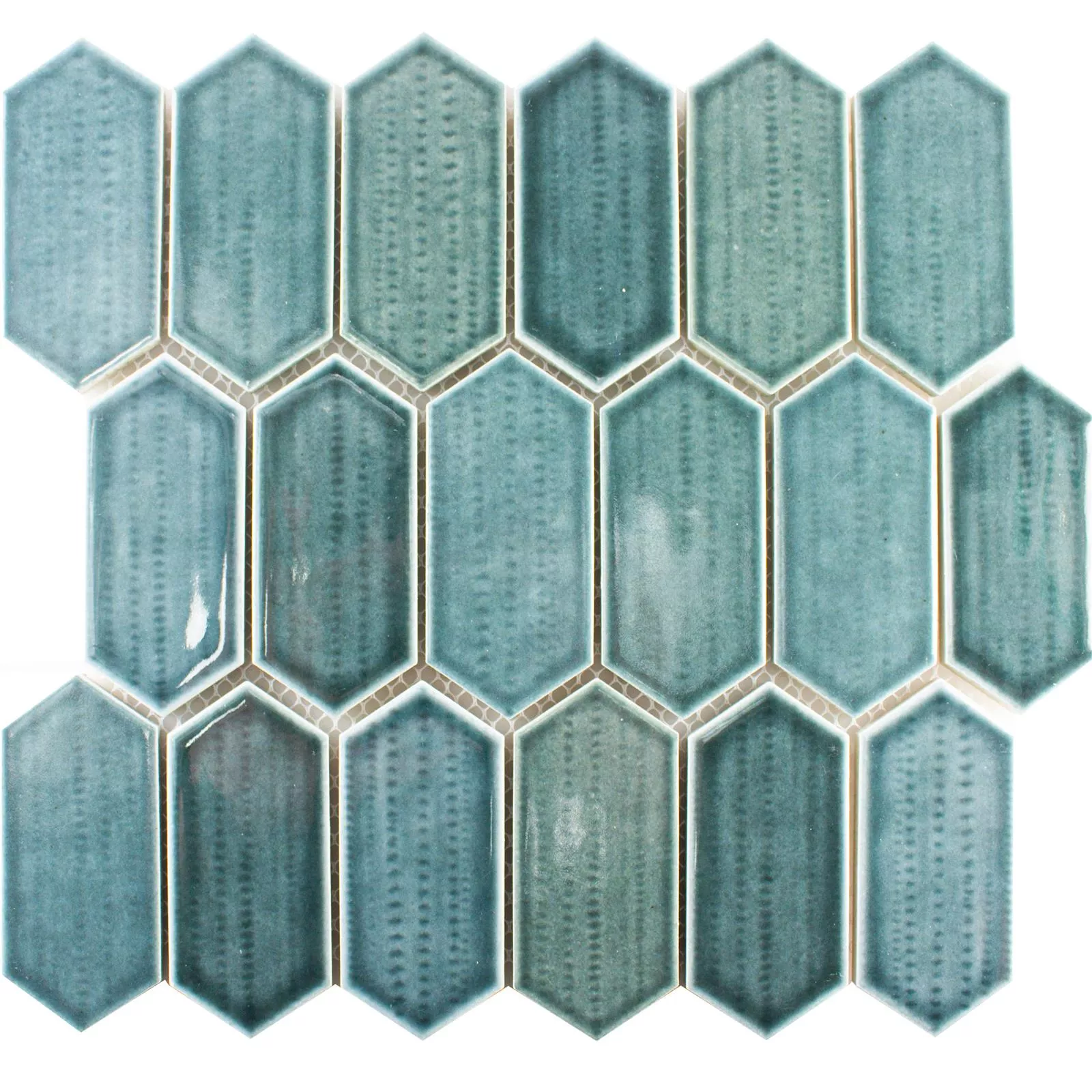 Muestra Cerámica Azulejos De Mosaico McCook Hexagonales Larga Azul Gris