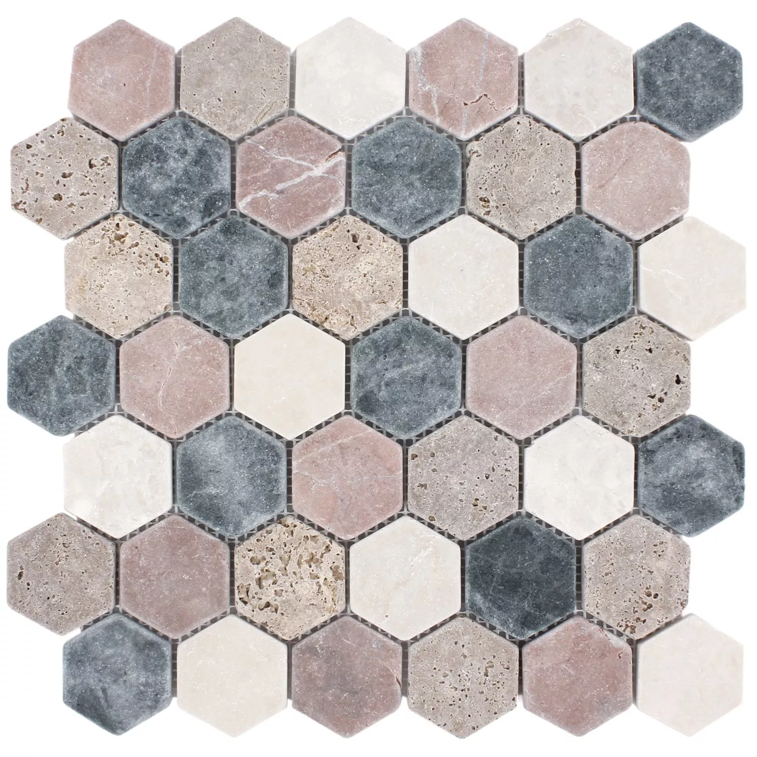 Muestra Azulejos De Mosaico Mármol Tarsus Hexagonales Colorido