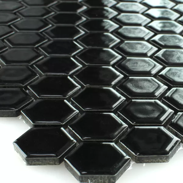 Muestra Azulejos De Mosaico Cerámica Hexagonales Negro Brillante H23