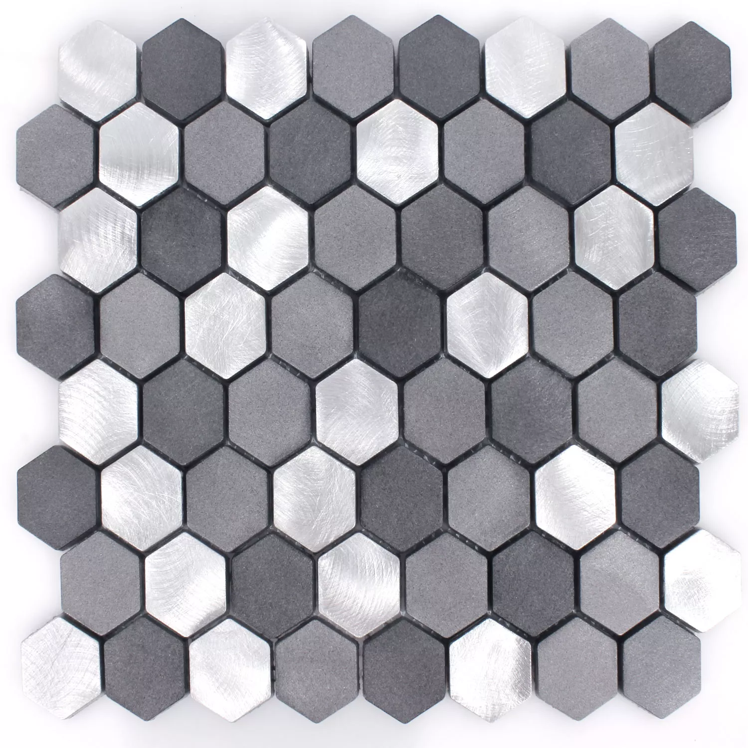 Muestra Azulejos De Mosaico Auminio Apache Hexagonales Negro Plateado