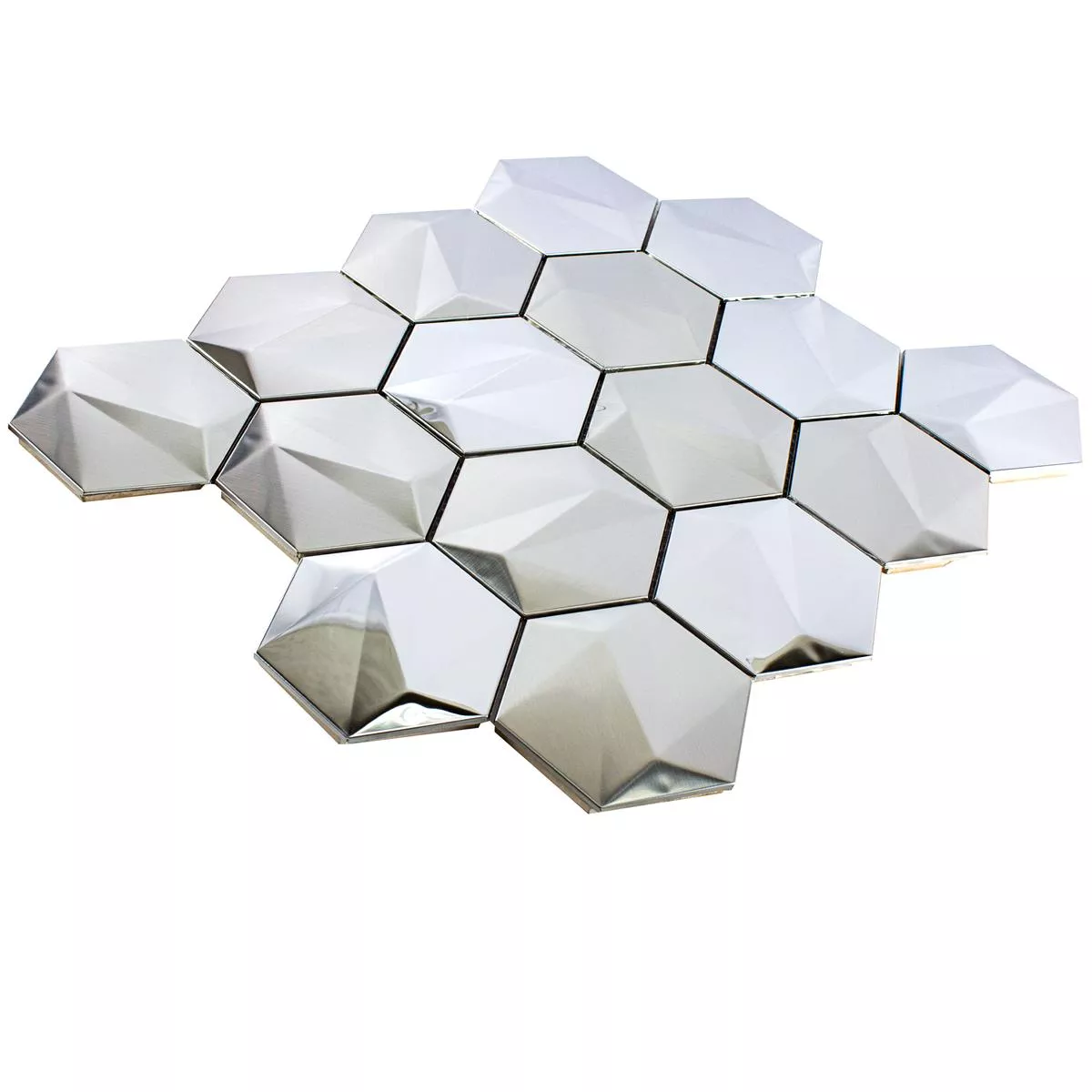 Muestra Acero Inoxidable Azulejos De Mosaico Durango Hexagonales 3D Plateado