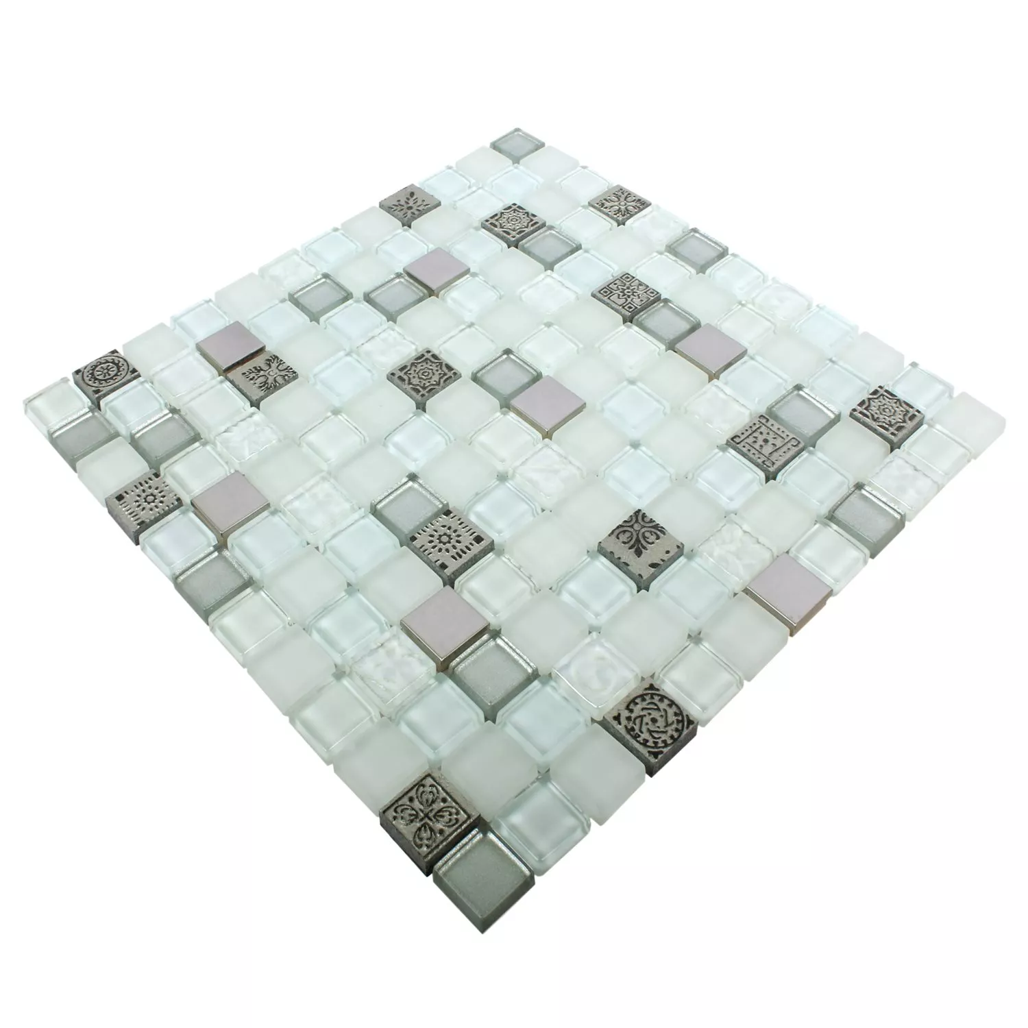 Muestra Azulejos De Mosaico Cristal Resina Acero Inoxidable Mezcla Gramos Blanco