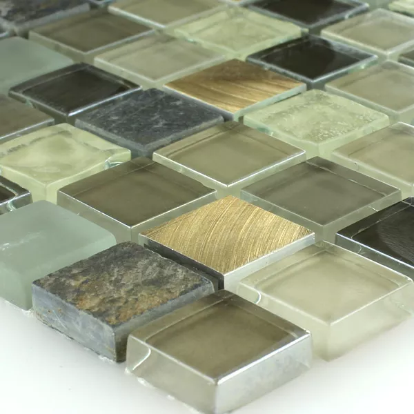 Muestra Azulejos De Mosaico Cristal Acero Inoxidable Metal Cuarcita
