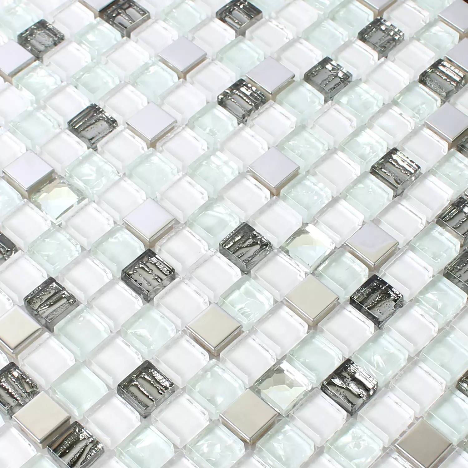 Muestra Azulejos De Mosaico Cristal Acero Inoxidable Blanco Turquesa