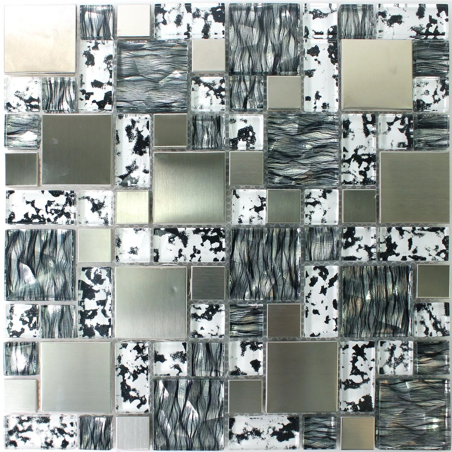 Muestra Cristal Acero Inoxidable Mosaico Rio Negro Plateado Blanco