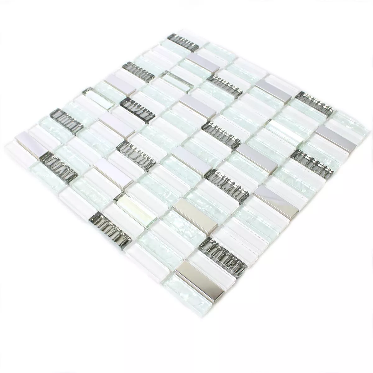 Muestra Azulejos De Mosaico Cristal Acero Inoxidable Blanco Mezcla