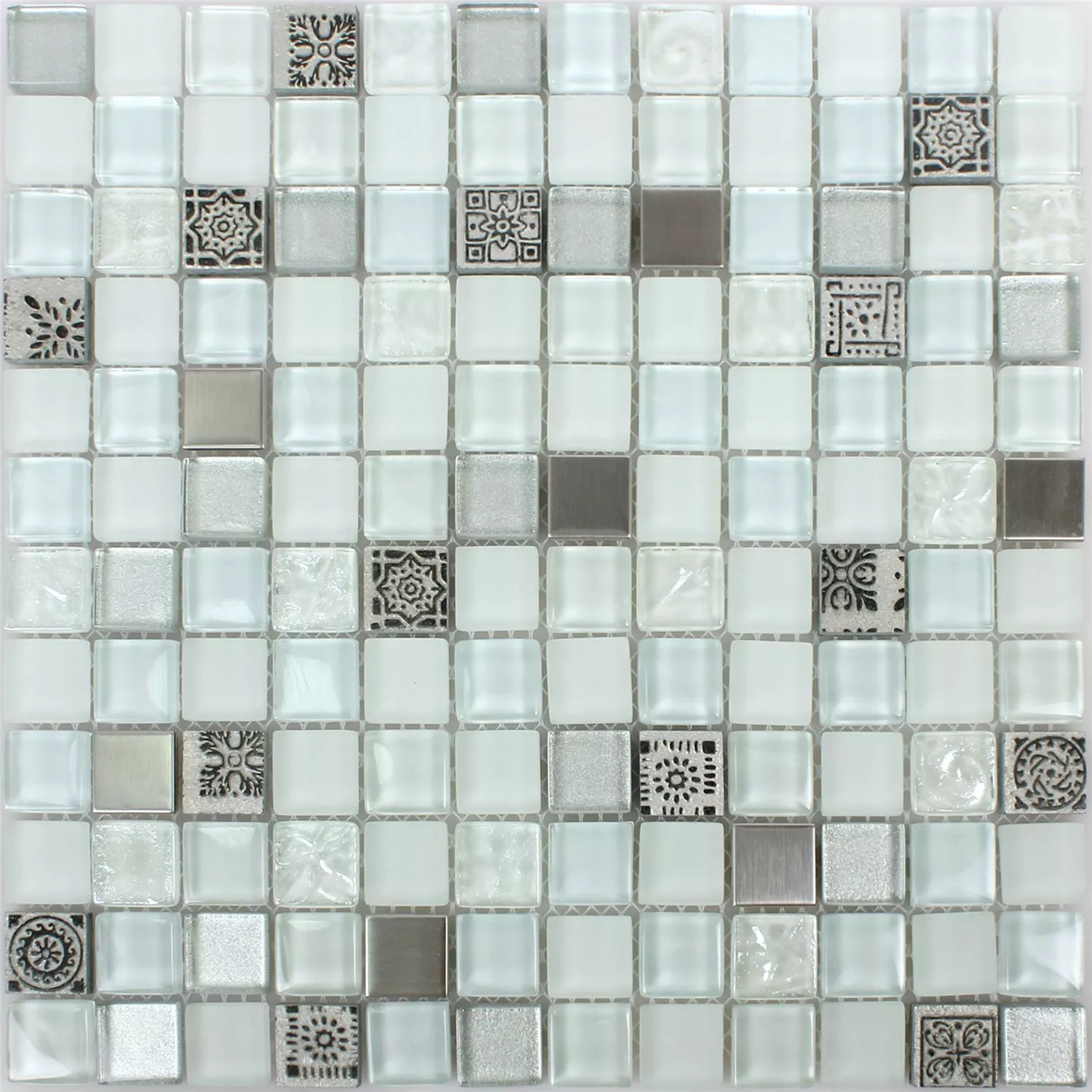 Muestra Azulejos De Mosaico Cristal Resina Acero Inoxidable Mezcla Gramos Blanco