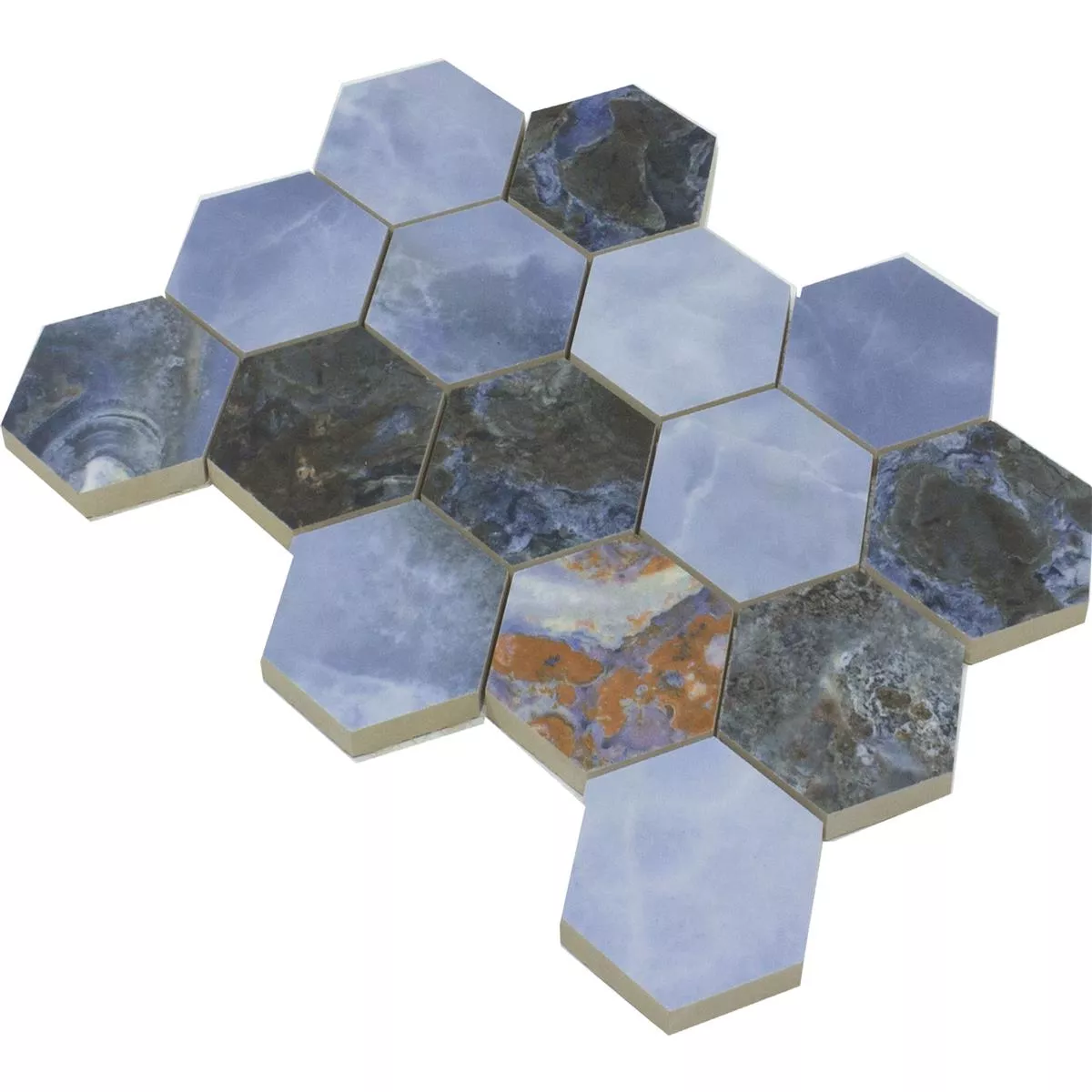 Muestra de Mosaico Cerámico Azulejos Naftalin Hexagonales Azul Negro
