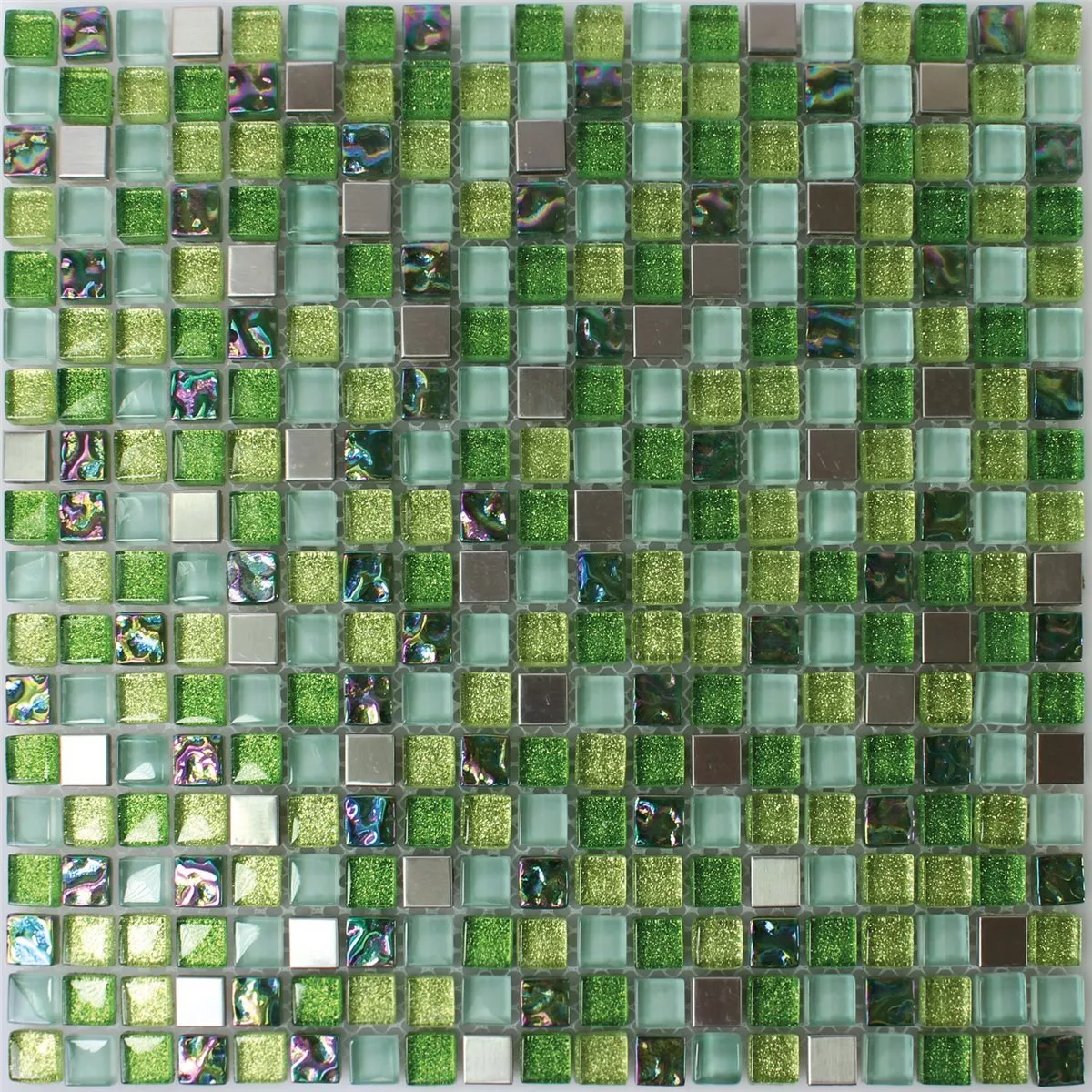 Muestra Azulejos De Mosaico Cristal Acero Inoxidable Verde Mezcla