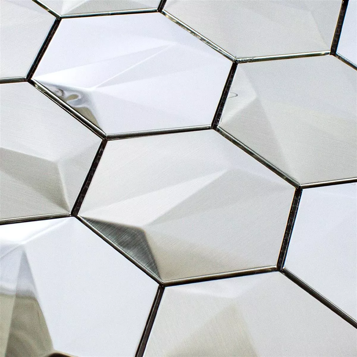 Muestra Acero Inoxidable Azulejos De Mosaico Durango Hexagonales 3D Plateado