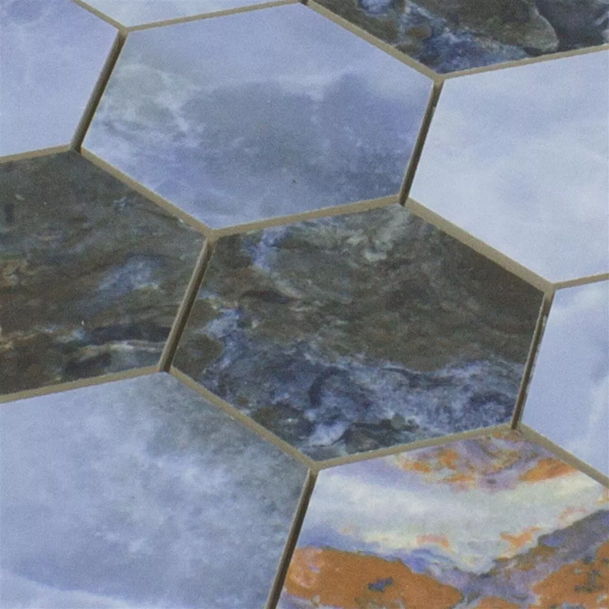 Muestra de Mosaico Cerámico Azulejos Naftalin Hexagonales Azul Negro