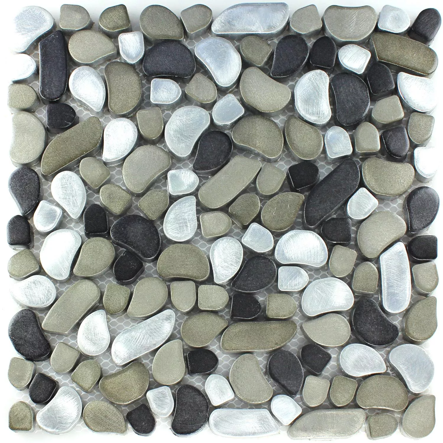 Muestra Azulejos De Mosaico Acero Inoxidable Guijarro  Design Black Silver