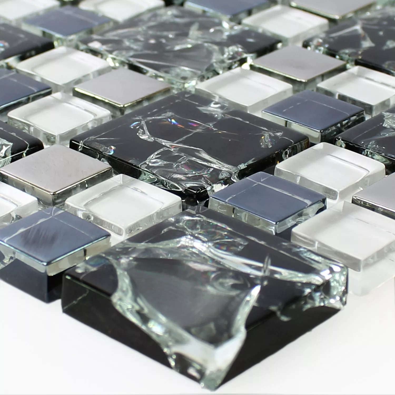 Muestra Azulejos De Mosaico Cristal Acero Inoxidable Negro Plateado Roto