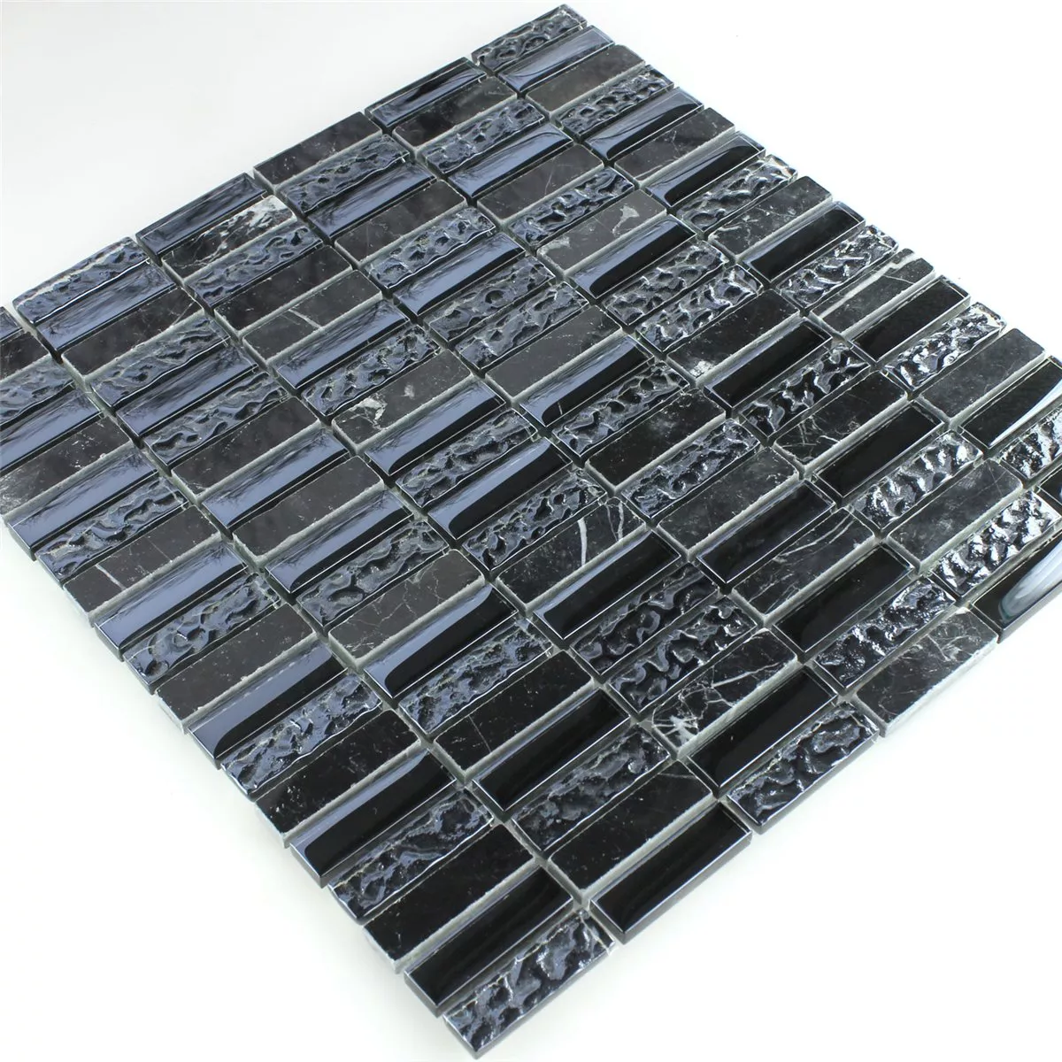Azulejos De Mosaico Cristal Mármol Negro Acanalado 15x50x8mm