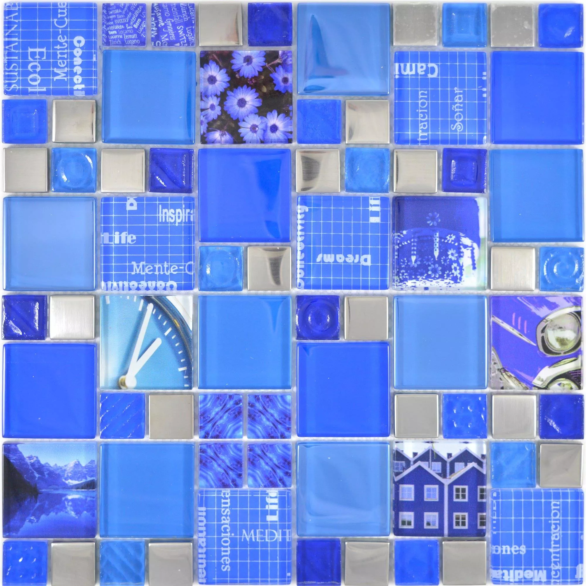 Muestra Mosaico De Cristal Azulejos Nemesis Azul Plateado