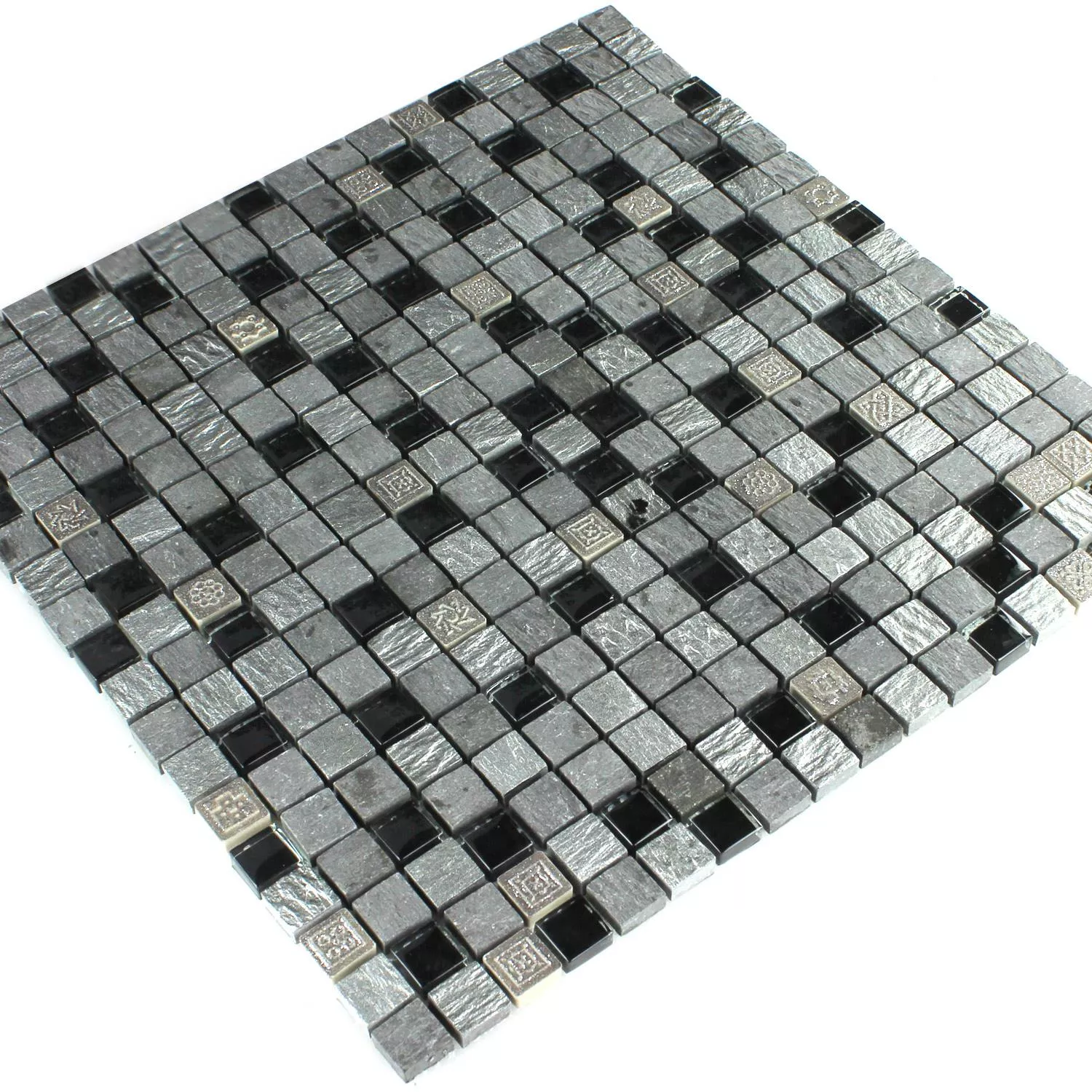 Muestra Azulejos De Mosaico Cristal Piedra Natural Mezcla Dream Plateado Negro